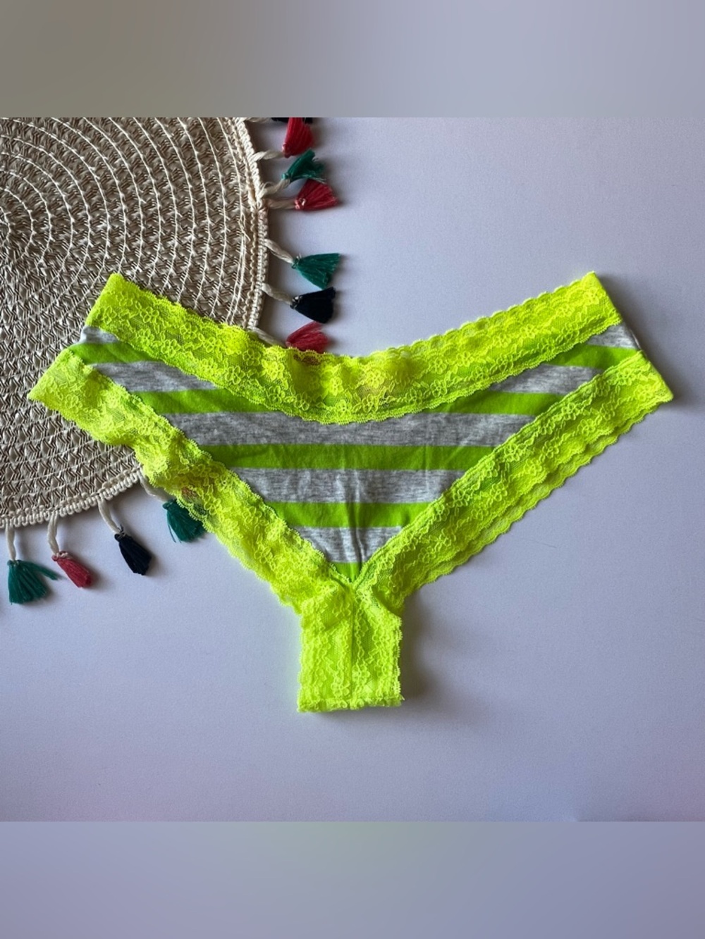 Victoria's Secret Vintage Lace Trim Cheeky Panty Gray Stripe Neon Large NEW